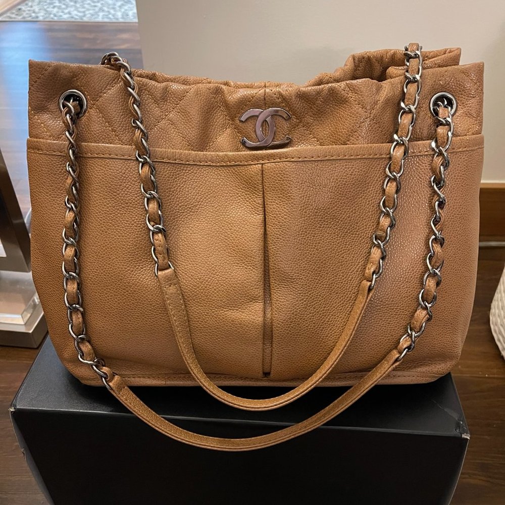 CHANEL BEIGE SHOPPER WITH SILVER HARDWARE